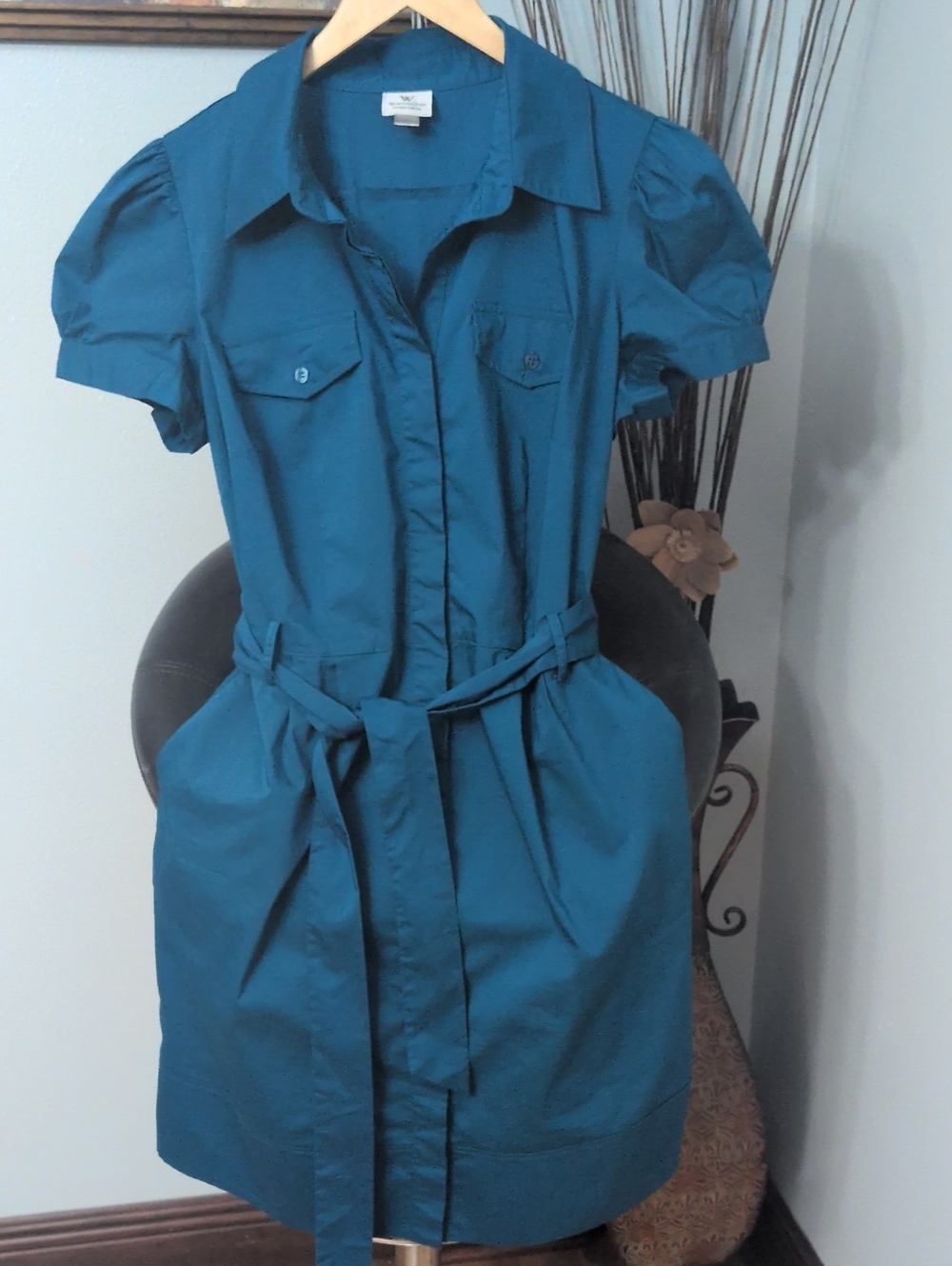 Worthington Teal Short-Sleeve Button Belted Collared Dress